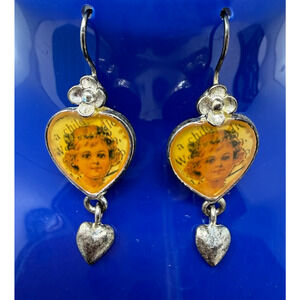Vintage Heart Dangle Earrings Child Portrait Resin Silver Tone 1”